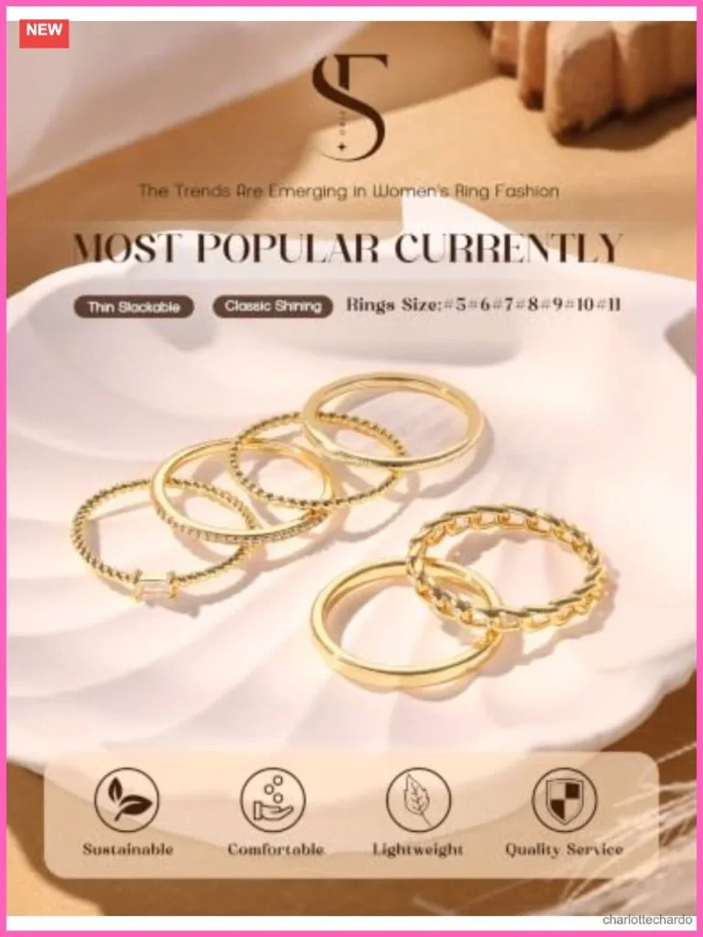 14K Gold Plated Stackable Rings Set for Women - 6 Piece Non Tarnish Band Ring
